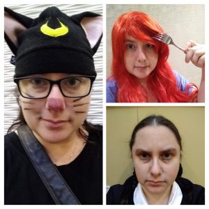 Collage of Kimberly Hirsh in 3 costumes: Luna (cat version), Ariel, Wednesday Addams