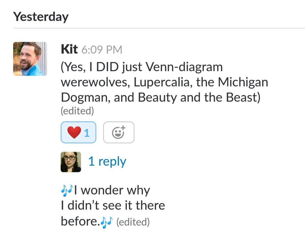 (Yes, I DID just Venn-diagram werewolves, Lupercalia, the Michigan Dogman, and Beauty and the Beast)